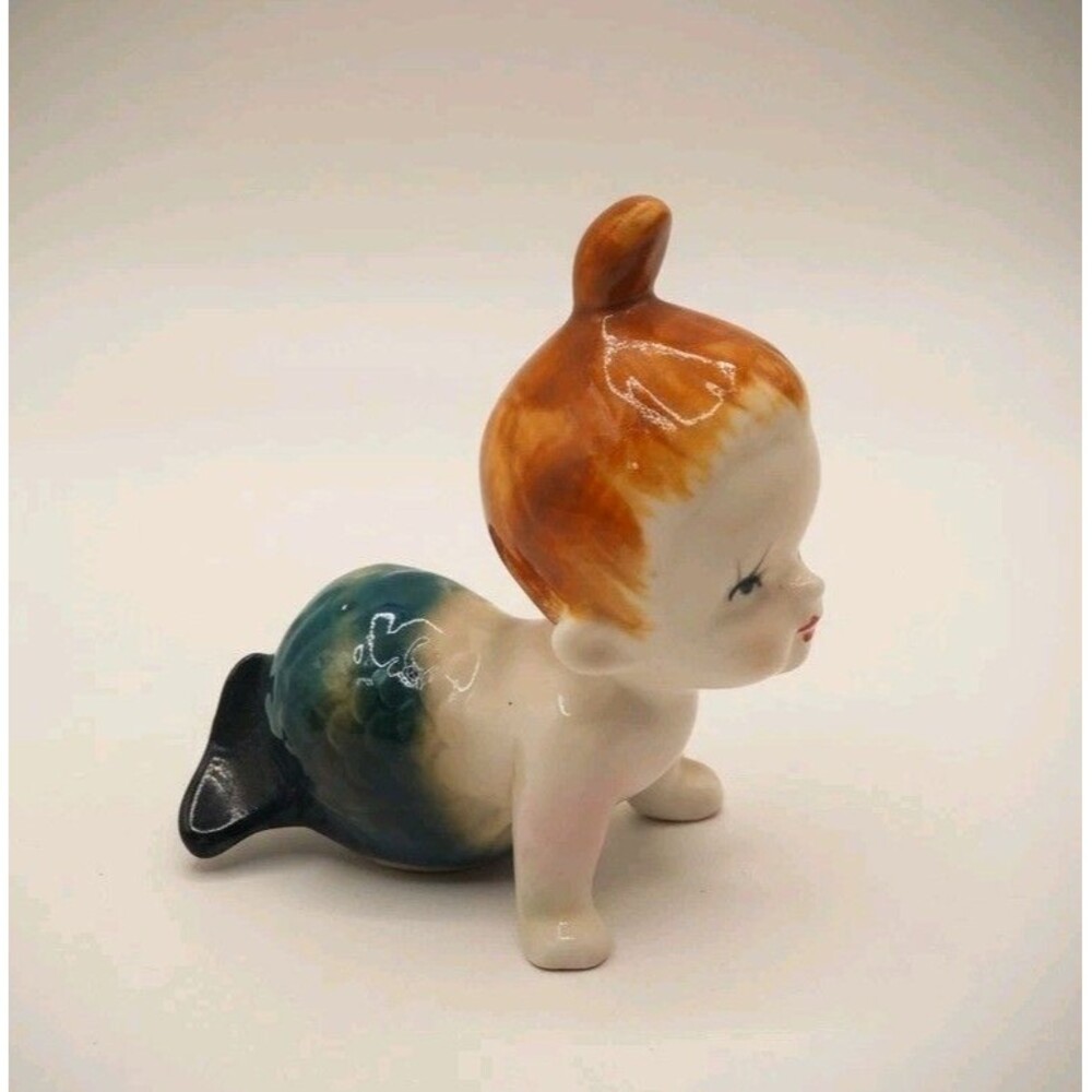 Bone China Mermaid Baby Figurine Mid Century Kitsch Japan Red Hair Miniature